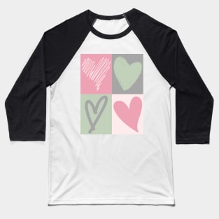 Pastel heart print, green, pink, grey, Baseball T-Shirt